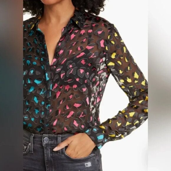 Alice+Olivia Willa Abstract Leopard Print Burnout Silk Blend Blouse, size S rare - Picture 1 of 6
